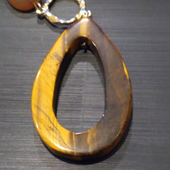 Glass Faux Tiger's Eye & Wood Necklace on Gold Tone - Picture 2 of 3